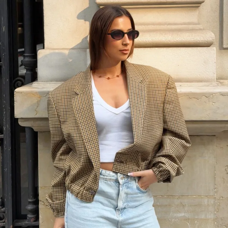 

Autumn New Products European and American Cross-border Women's Clothing Short Plaid Blazer Retro Loose and Thin Versatile Suit