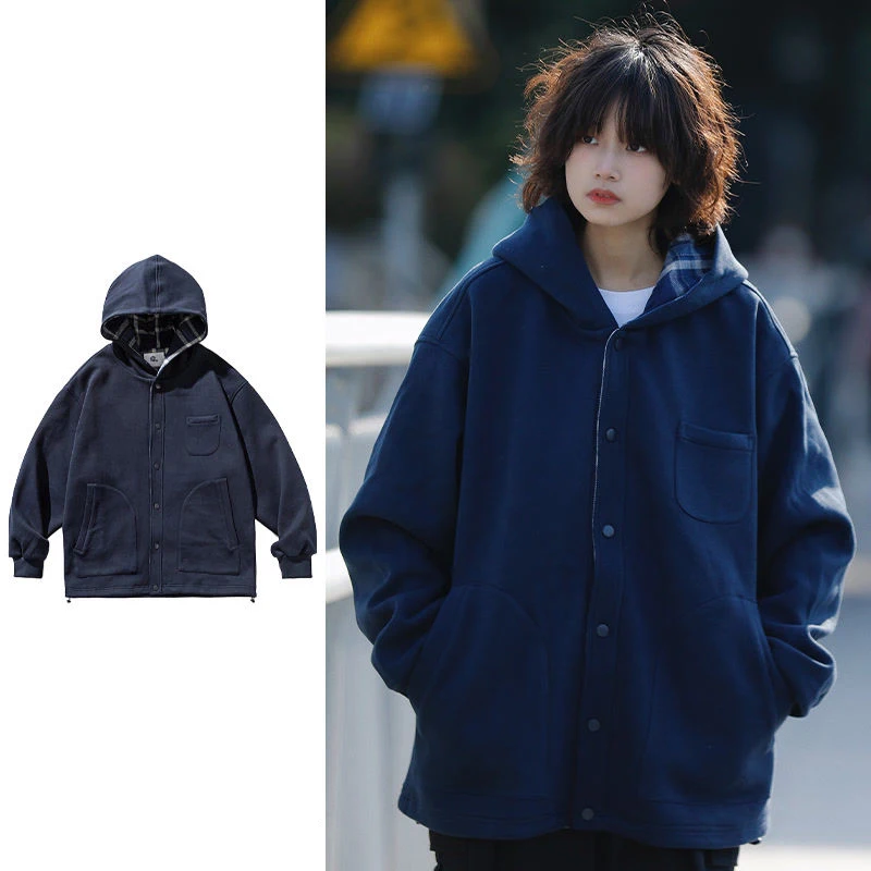 Japanese spicy girl retro solid color plaid hooded cardigan sweatshirt spring autumn American loose casual couple sweatshirt