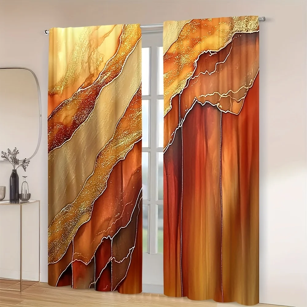 Marble Geode Curtain Panels, Luxury Abstract Agate Golden Line Warm Tone Art Print Drapes for Bedroom Theme Living Room Decor
