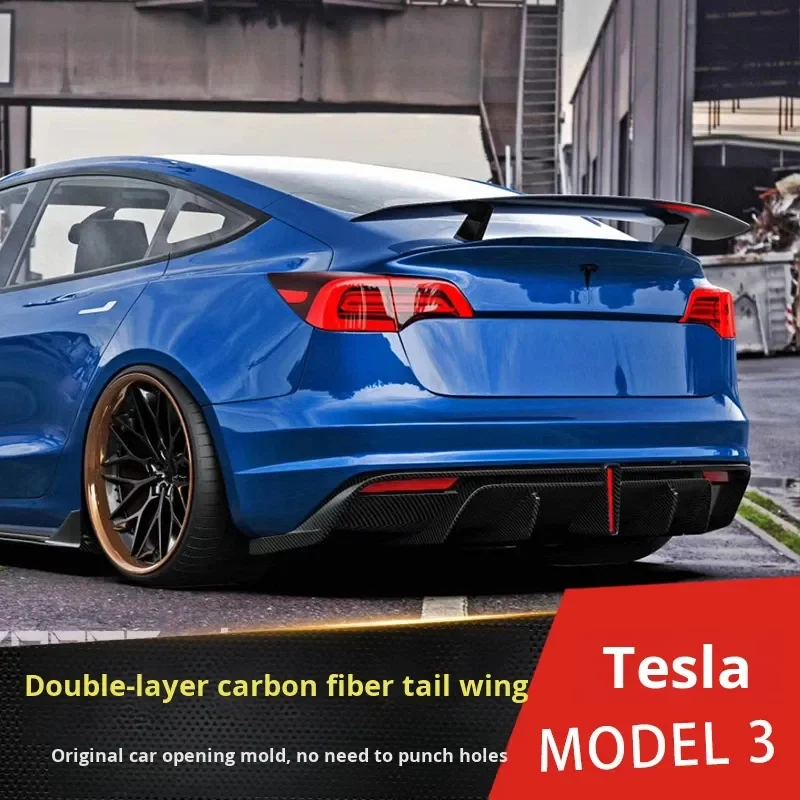 for Tesla Model 3 Double Layer Carbon Fiber Spoiler Drillless GT Large Rear Wing Trunk Lip Anti Collision Decor