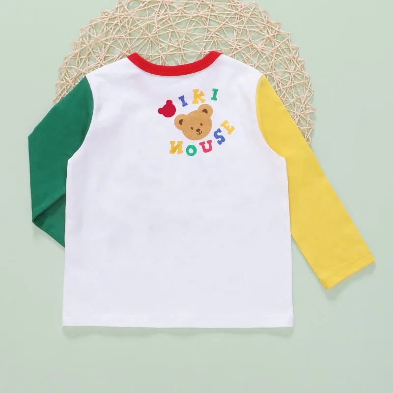 Japanese  Kids Long Sleeve Tee  Autumn Color Block Cartoon Bear Engineering Vehicle Embroidery Boys Crew Neck Basic Tops
