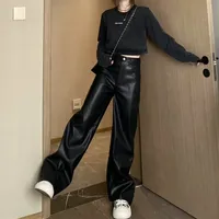 Loose Straight Leg PU Leather Pants for Women Autumn New Style plus Size Pear Shape Body Slimming Floor Length Trousers