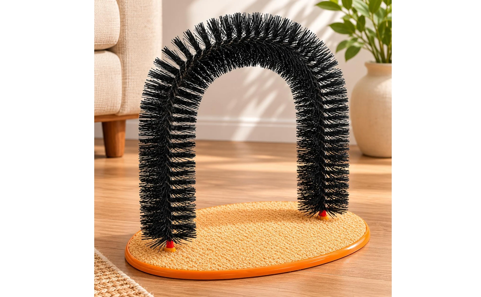 Feline Arch Scratcher Dense Bristles Feline Grooming Arch Bristle Scratcher Orange-Edged Rim Pet Accessory 3 in 1