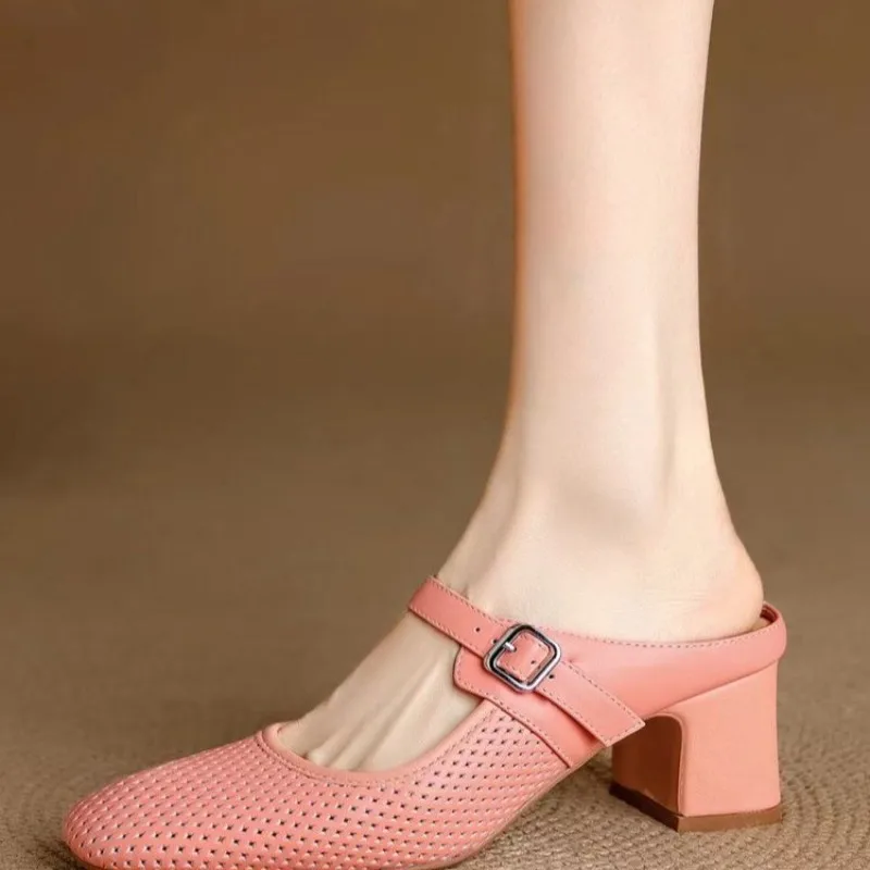 Fashion Soft Leather Block Heel Hollow-out Baotou Half Slippers Women's Summer Wear Square Toe Soft Sole Sandals