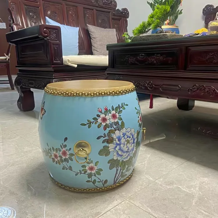 Solid Wood Drum Stool with Drumsticks Chinese Traditional Home Decor Flower Cowhide Drum Foot Rest Stool Furniture