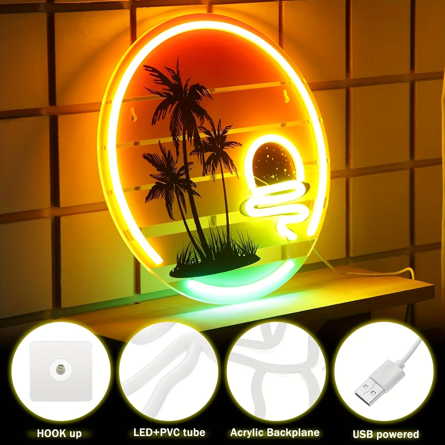 Tropical Sunset Neon Light LED Neon Sign for Bedroom Bar Beach Themed Restaurant Party Home Decor USB Power Gift for Friend