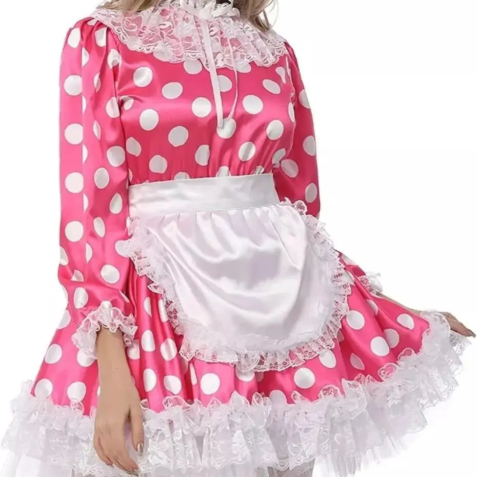 

Sexy French maid sissy girl lockable red satin black spotted fluffy lace edge maid cosplay costume customizable