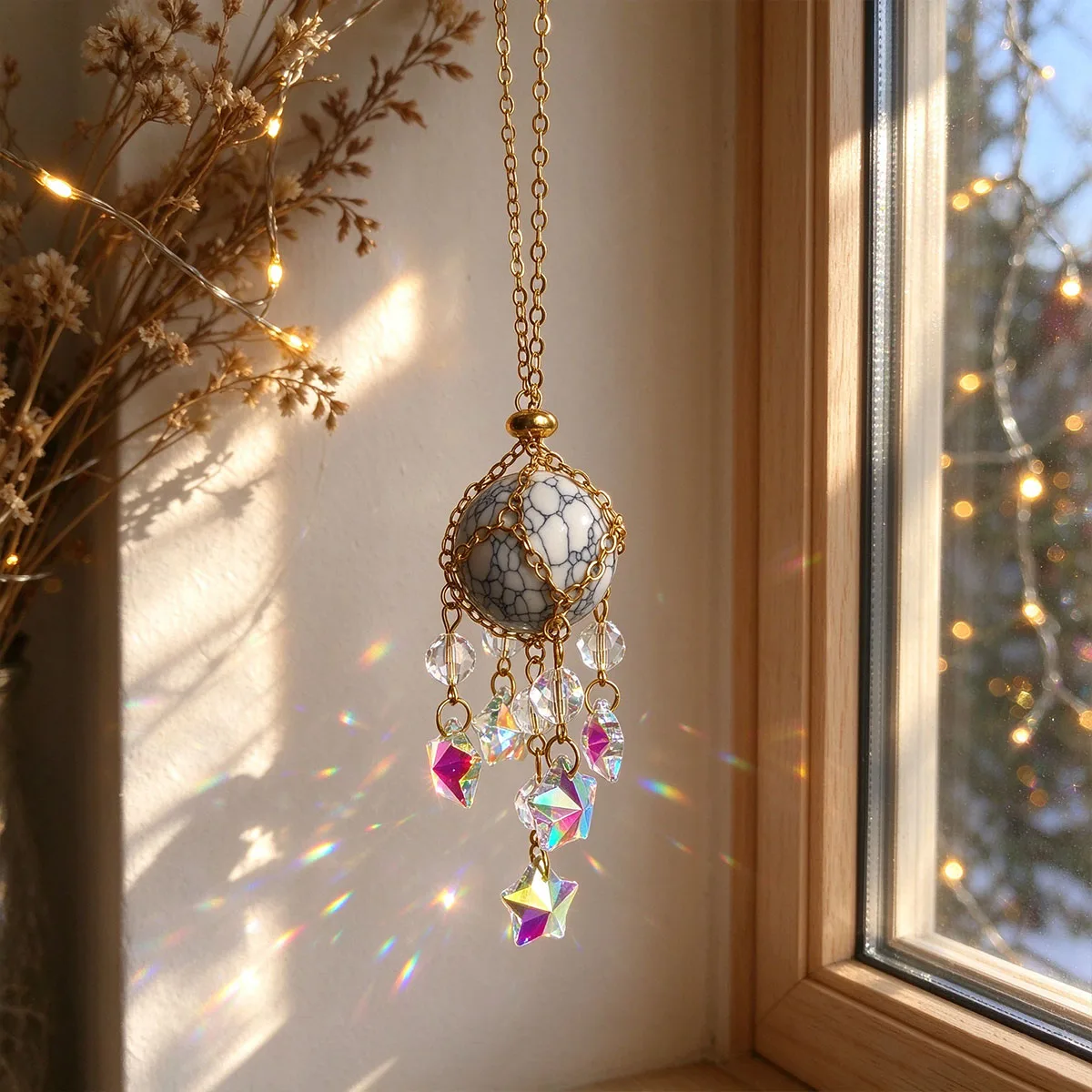 Sunlight Catcher Crystal Hanging Ornament, White Veined Turquoise Round Bead Gold Chain Pendant, Window Home Holiday Decoration Hanging Piece, Holiday Party Window Decoration Gift, Wall Hanging Ornament, Window Decorat