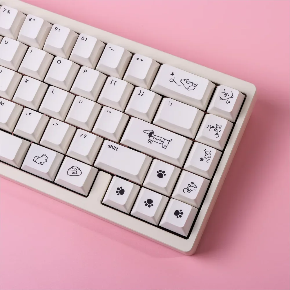 Cute Puppy Cherry Keycap Set PBT 133 Keys Small Letters Pure White for 61/75/87/104/108Keys GMK67 Gaming Mechanical Keyboards