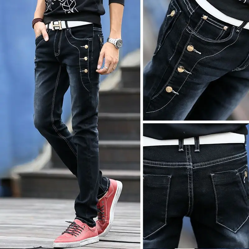 Men's Casual Denim Slim Jeans 2024 Autumn Winter Warm Velvet Button Designer Korean Style Clothes High Quality Streetwear Pants