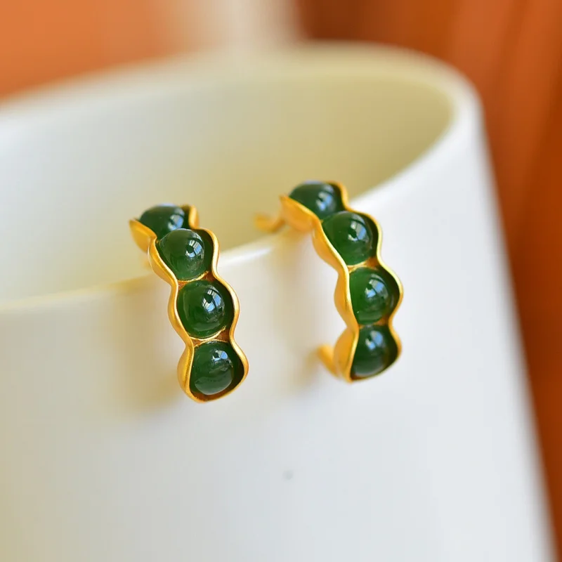 

Hetian Jasper Bean Earrings S925 Silver Gold Plated Inlaid Jade Fashion Women'S Ear Clips