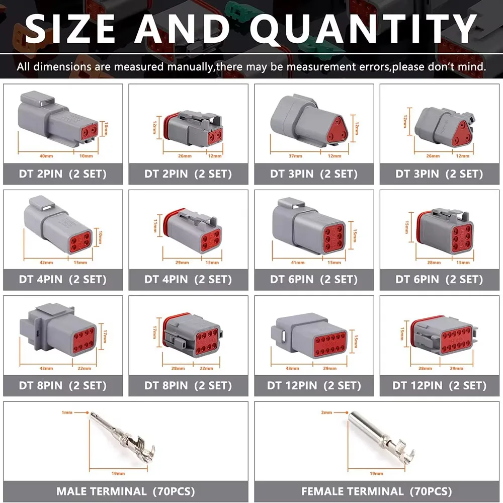 188PCS (12 Sets) Deutsch DT Connector Kit, 2 3 4 6 8 12 Pin Automotive Waterproof Connectors with Size 16 Solid Contacts for Car