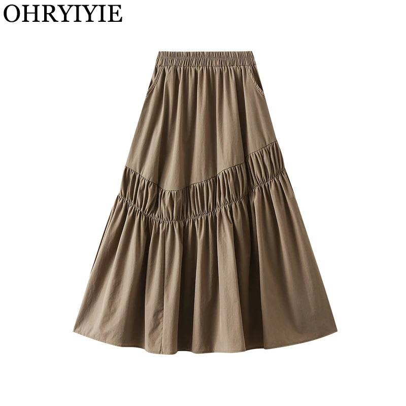 

midi long pleated skirt for women's summer 2024 new A-line skirt female high waist all-match skirt korean style long skirt lady