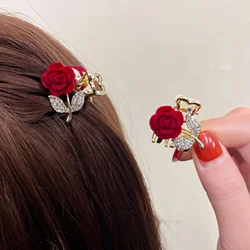 Red Rose Flower Small Hair Claw Rhinestone Rose Flower Grab Clip Super Fairy Hair Clips Forehead Broken Hair Bangs Clip Headwear