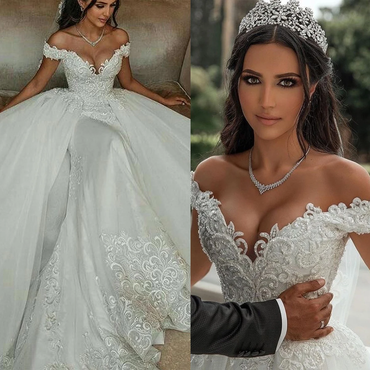 

Bling Beads Wedding Dresses Sexy Off Shoulder Appliques Lace Sweep Train Bridal Gowns Dubai Arabic Ball Robes De Mariée