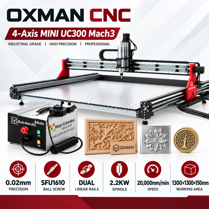 BulkMan3D OXMAN ULTRA CNC Router 4-Axis Mach3 SFU1610 Ball Screw Dual Rails CNC Engraving Machine for Wood Metal Acrylic Cutting