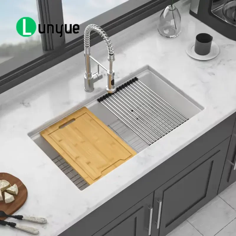 White Composite Quartz Granite Undermount Kitchen Sink Single Bowl 33x19 Inch Modern Design Durable Stone Material for Home