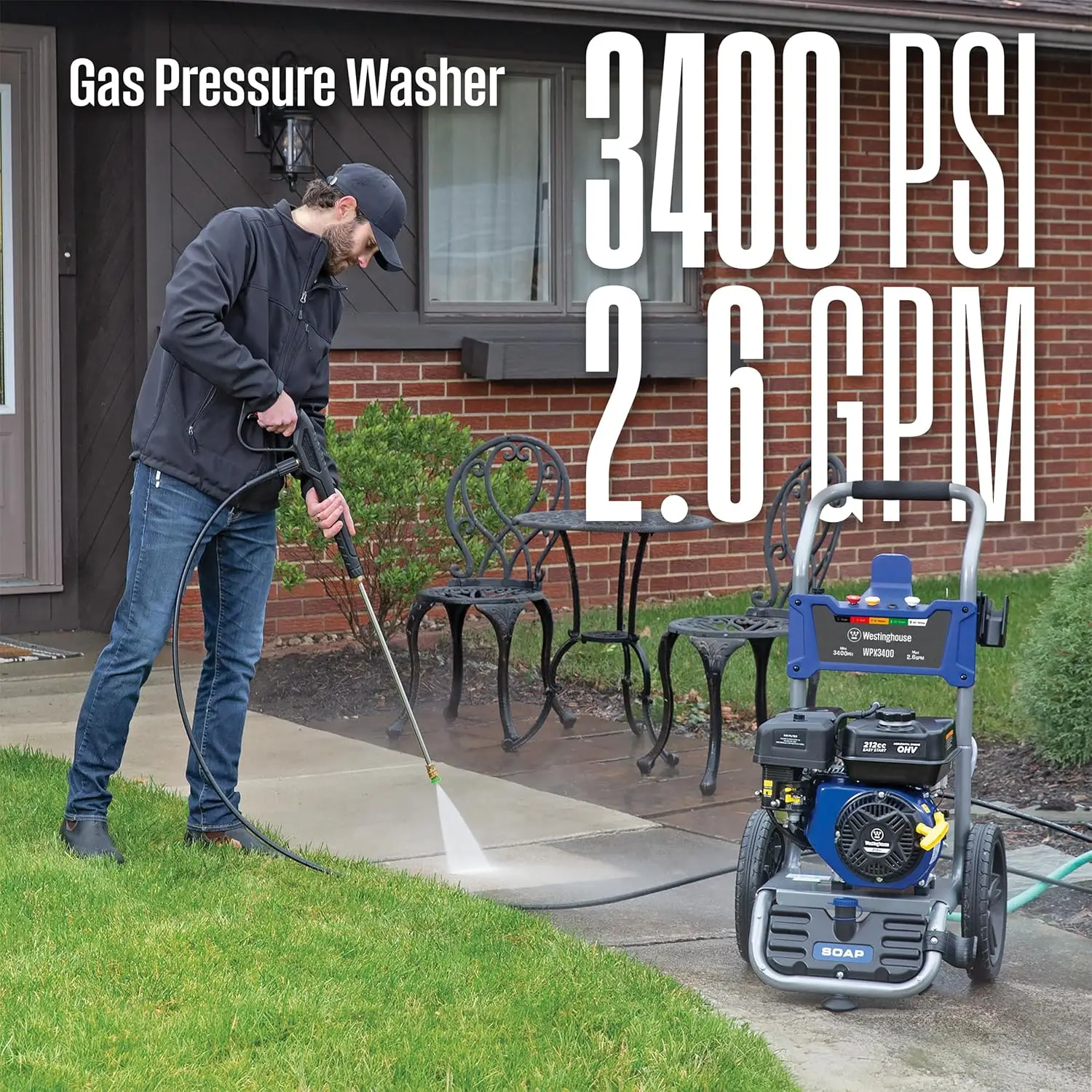 WPX3400 Gas Pressure Washer, 3400 PSI and 2.6 Max GPM, Onboard Soap Tank, Spray Gun and Wand, 5 Nozzle Set, for Car