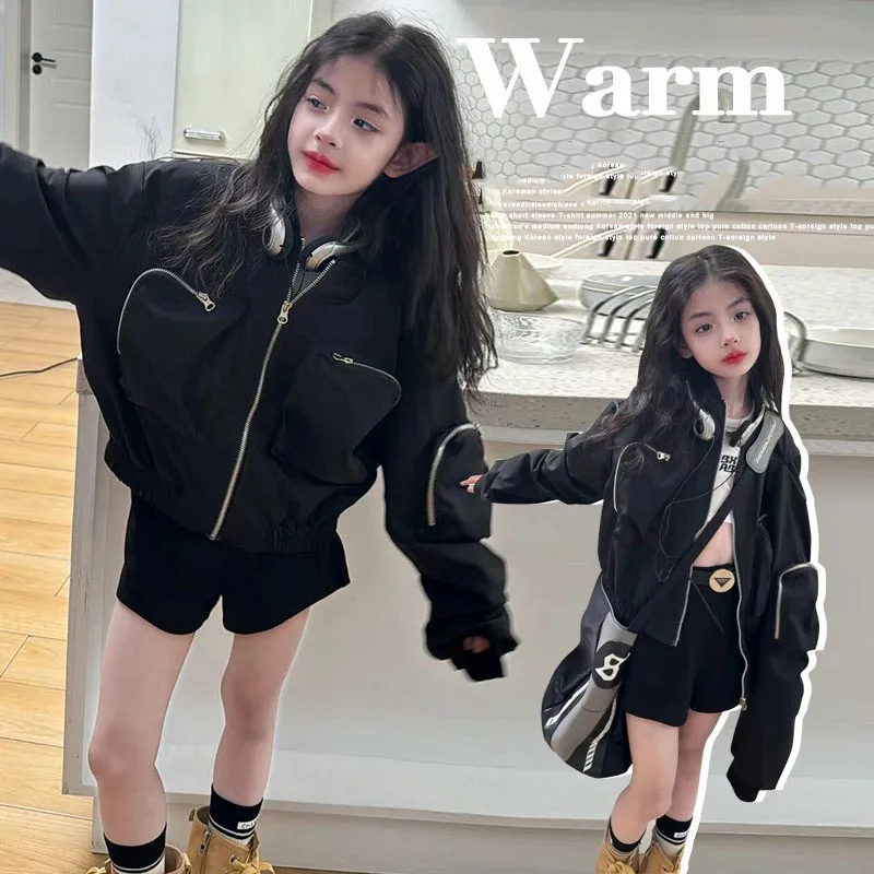 

2024 Korean Spring Autumn Junior Girl Baseball Jacket Elementary Girl Zipper Sweat Jackets Children Girl Multi Pocket Outwears