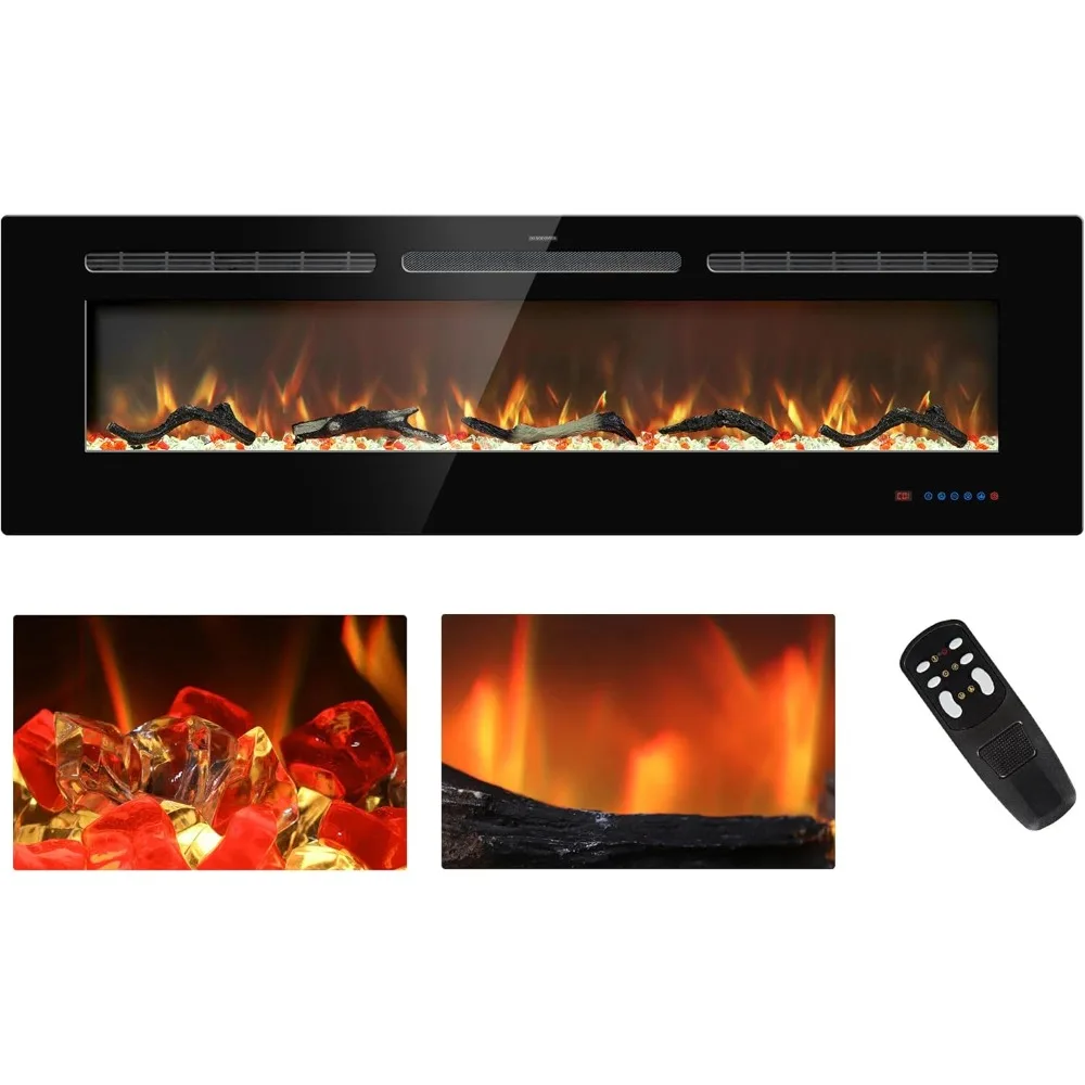 60 inches Electric Fireplace Inserts, Recessed and Wall Mounted Fireplace Heater, Linear Fireplace w/Thermostat, 750W/1500W