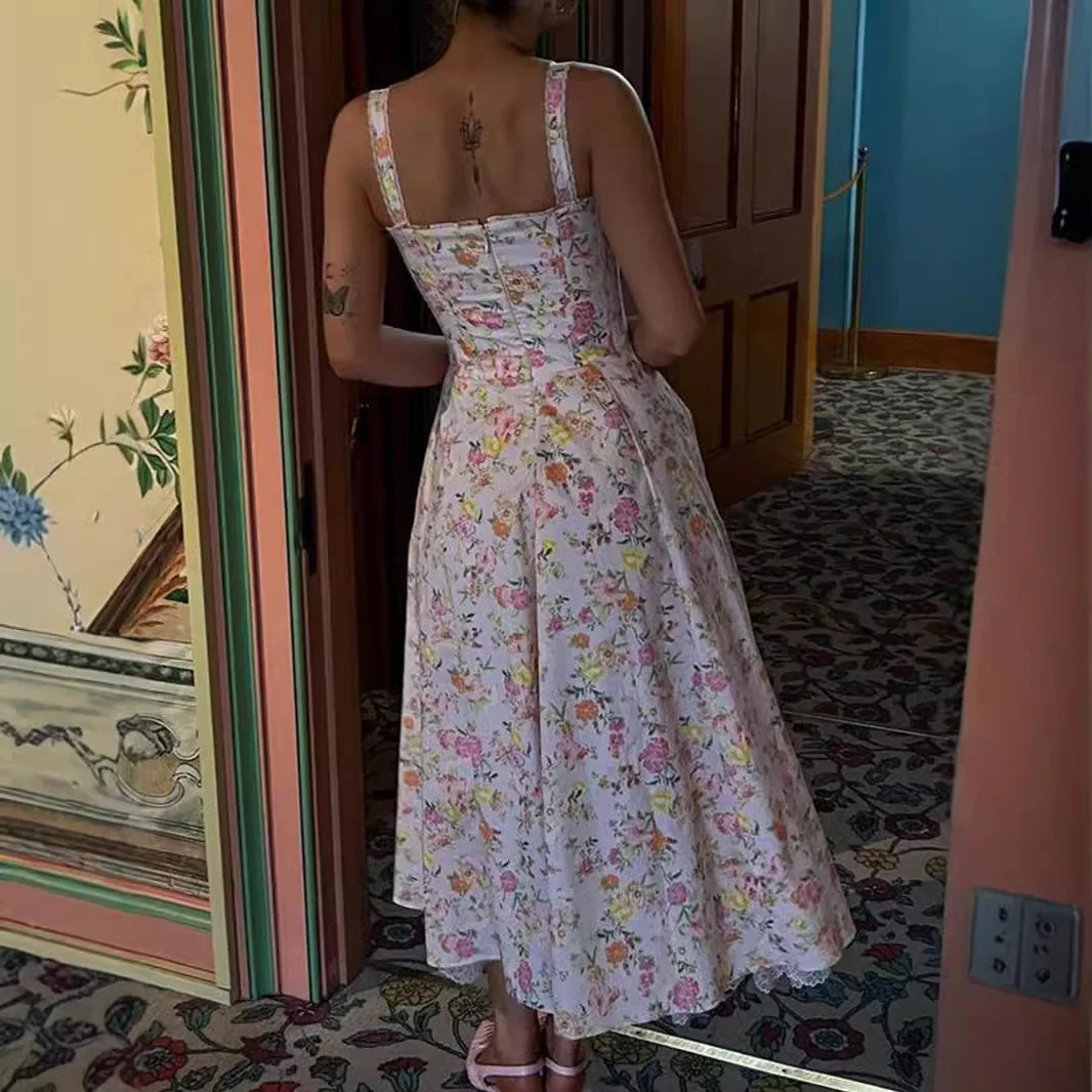 New Floral Print Suspenders Women Summer Fishbone Slit Mid-length Skirt Two-piece Printed Dress Women's Clothing