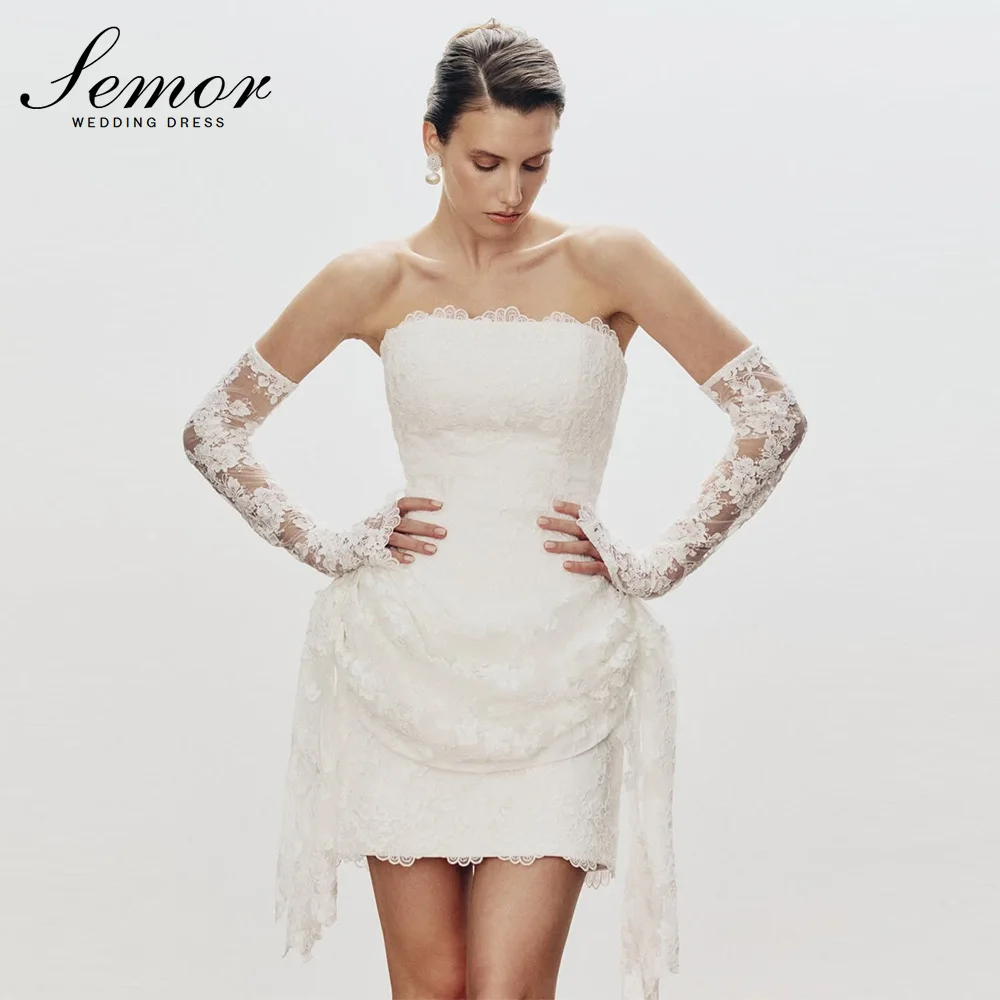 Semor Luxury Lace Sheath Mini Wedding Dress with Detachable sleeve 2026 Strapless Above Knee Engagement Party Dress Customized
