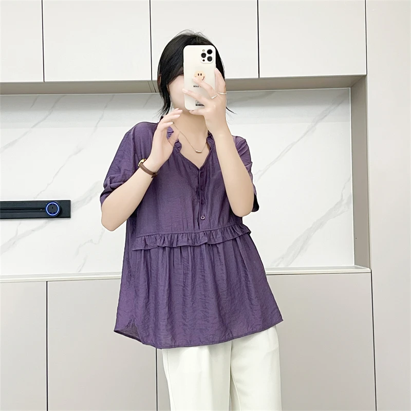 Or Sve – haut ample en soie pour femmes, ample, décontracté, taille haute, grande taille, détail de boutons, rond, couleur Pure, été