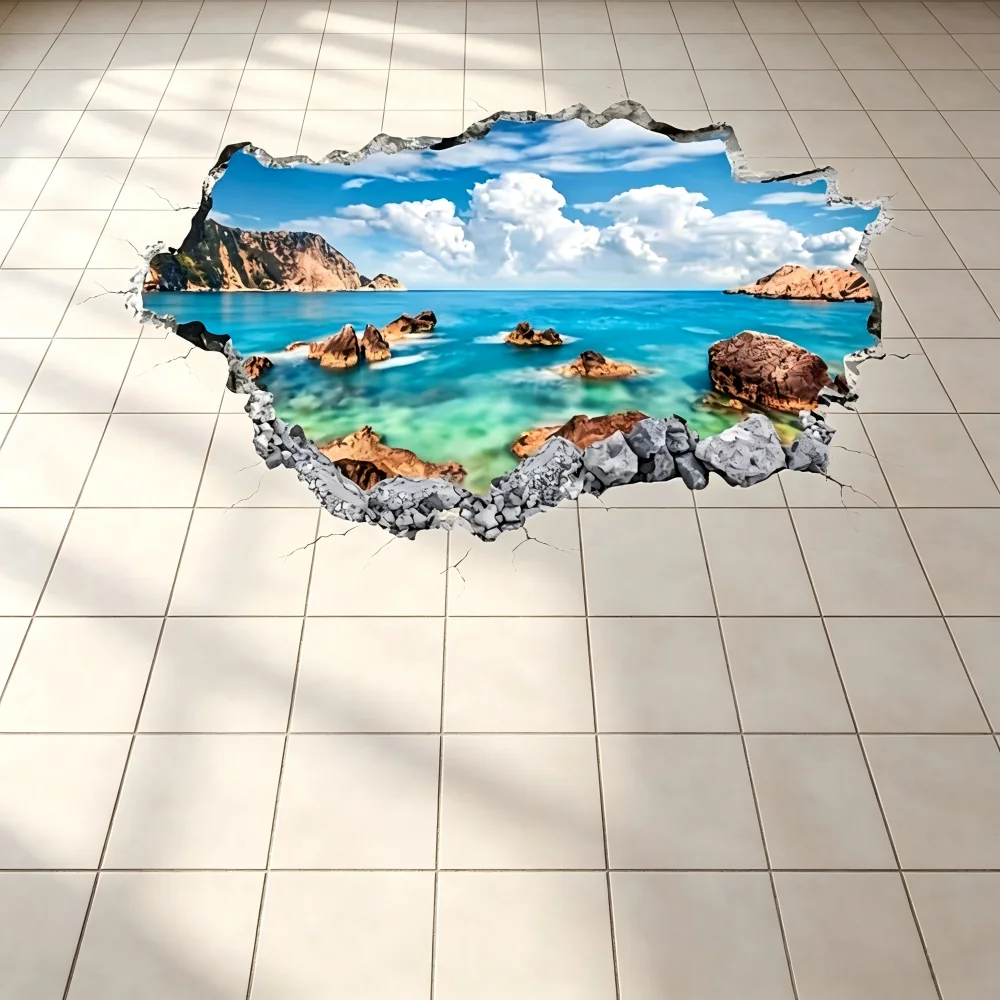 Sea view themed blue-green seawater floor stickers, suitable for bathrooms, foyer or leisure areas