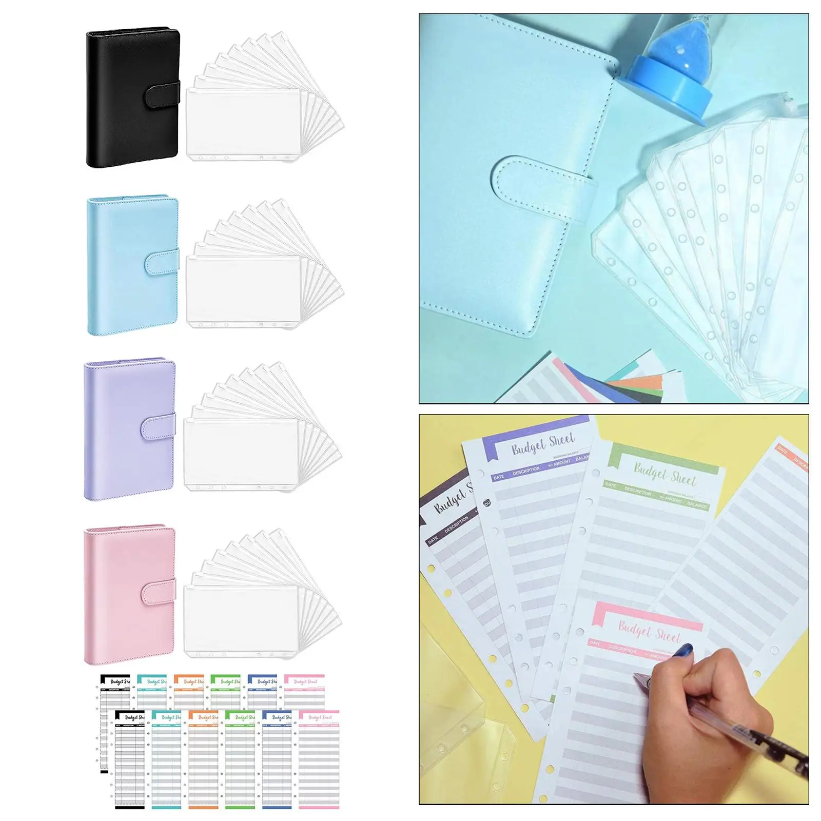 PU Leather Notebook Binder, 8 Clear Binder Pockets & 12 Expense Budget Sheets