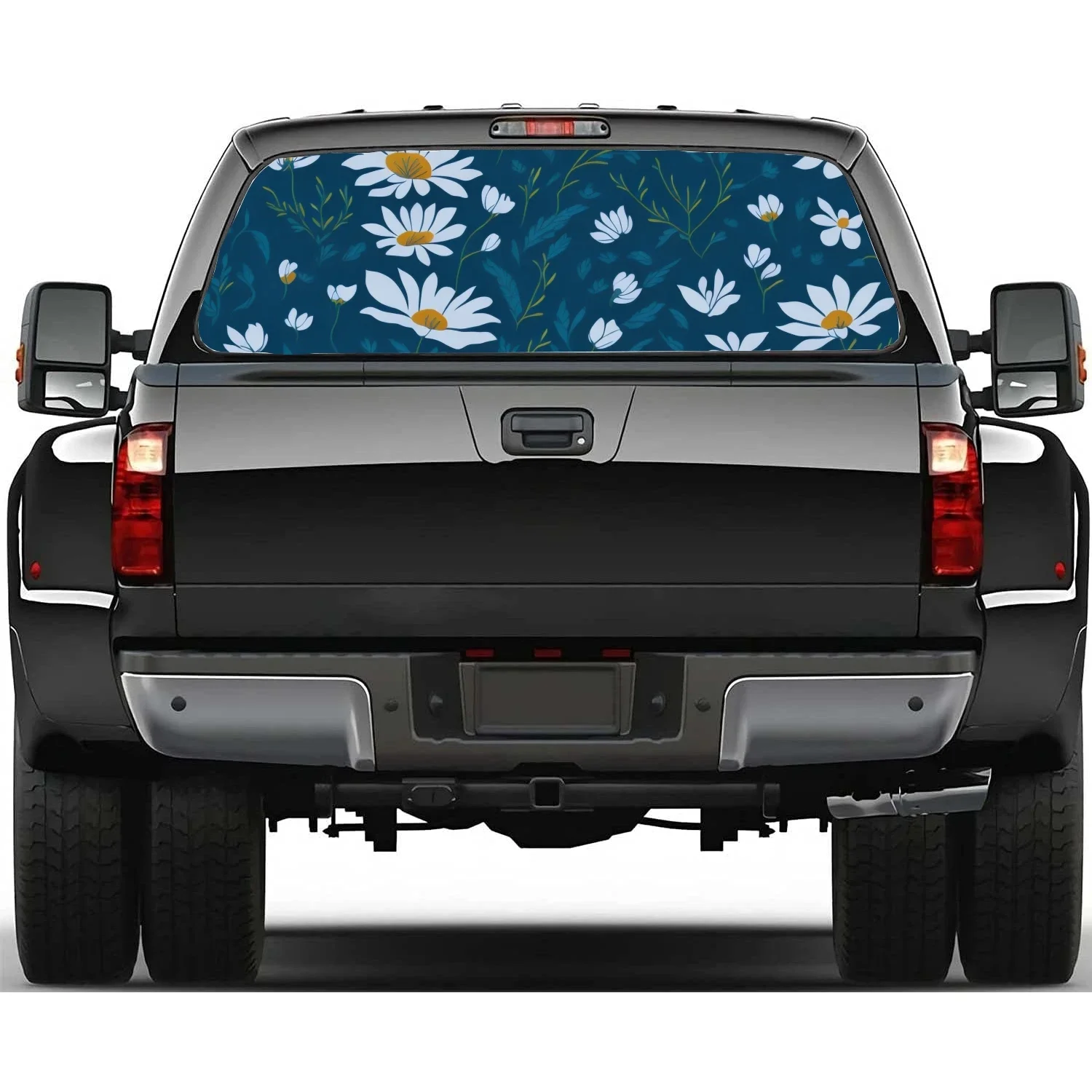 

Синяя с белой ромашкой, наклейка на заднее окно автомобиля, подходит для пикапа, грузовика, автомобиля, универсальная прозрачная перфорированная виниловая наклейка на заднее окно