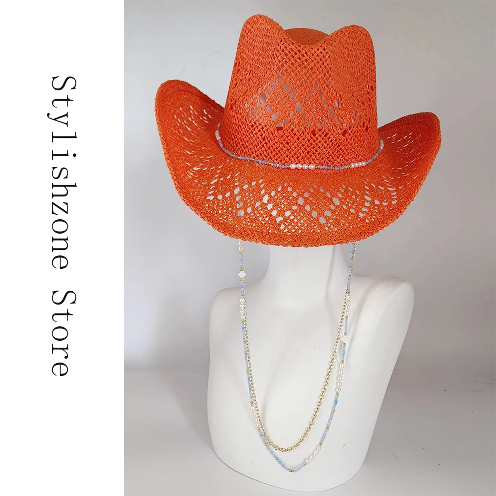 

Western Straw Orange Cowboy Hat- Ruslan Baginskiy - Women's Style Chain Natural Freshwater Pearl and Blue Crystal New Cowboy Hat