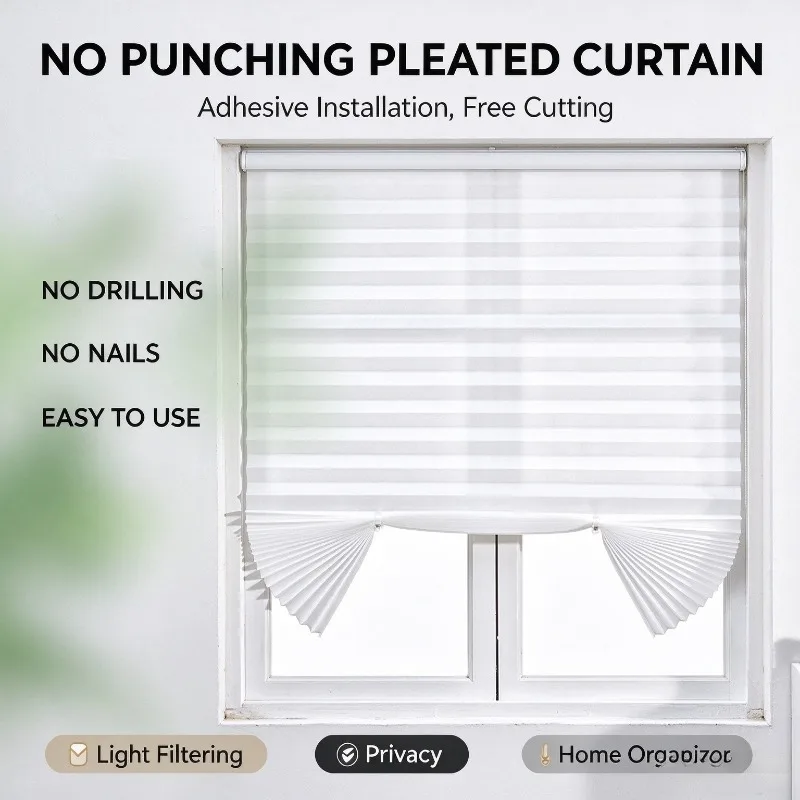 1pc Self-adhesive Pleated Blinds Bathroom Kitchen Half Blackout Light Filtering Window Curtains for Bedroom Living Room Balcony