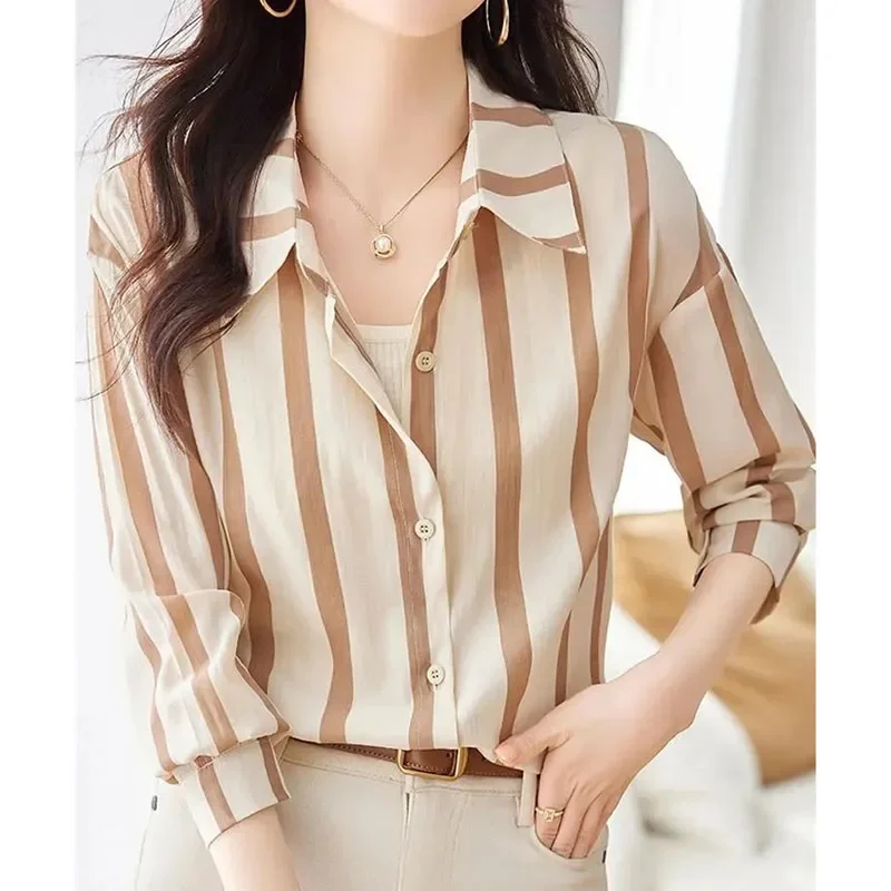Primavera outono femme novas mangas compridas topos de alta qualidade senhoras moda listra cardigan blusa coreano feminino médio longo estilos camisa