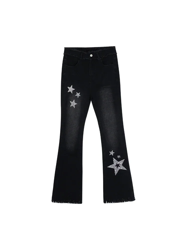 Punk Schwarz Leichte Flare Lange Baggy Jeans Frauen Frühjahr Neue Design Stern Diamanten Stanzen Rip Goth Schlank Wischen Denim Hosen Capris