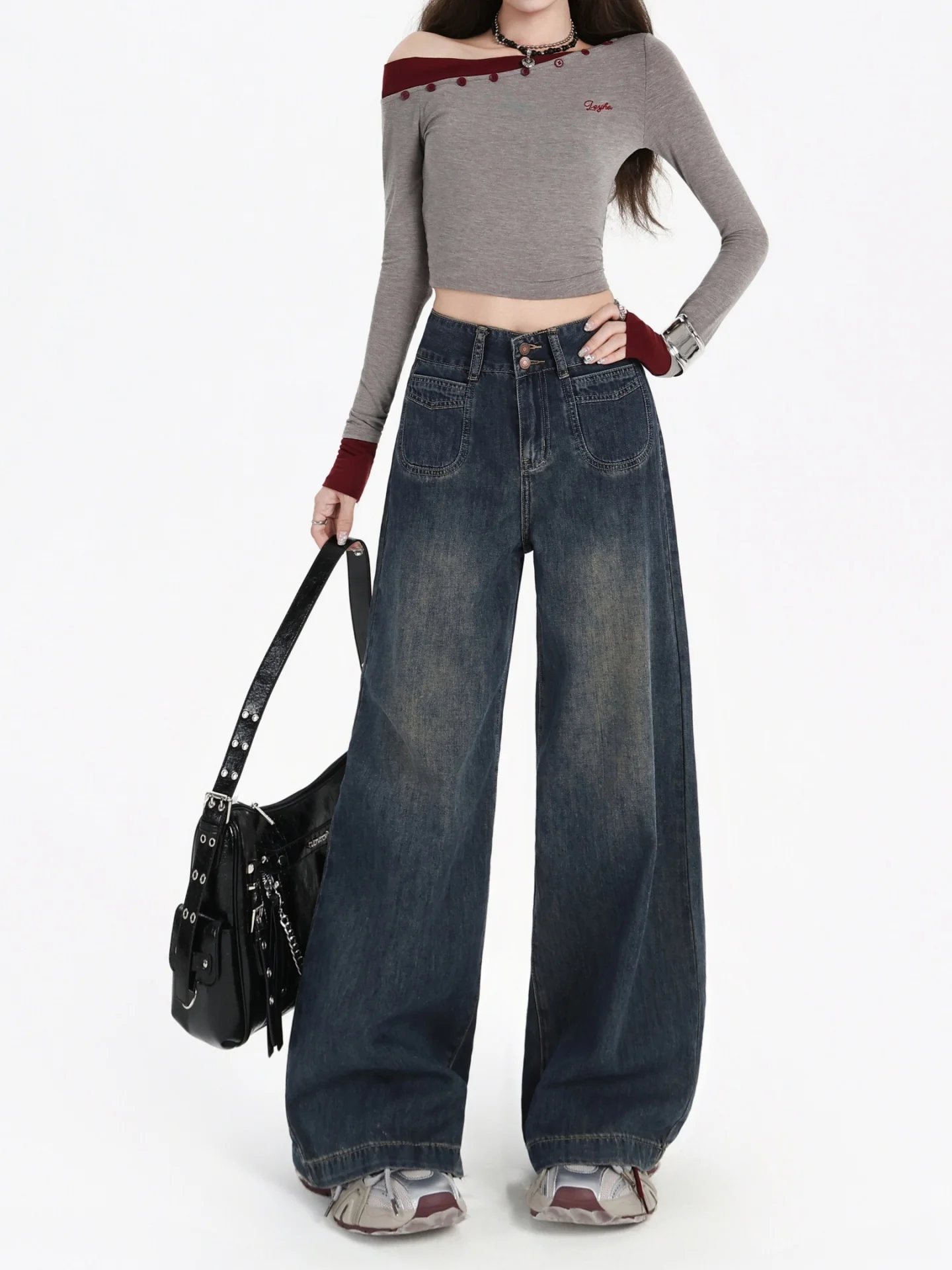 حجم كبير Fce اصطف ثي الدينيم الجينز المرأة الخريف الشتاء عالية الخصر بنطال ذو قصة أرجل واسعة التخسيس فضفاضة تناسب الأمريكية Sle #3