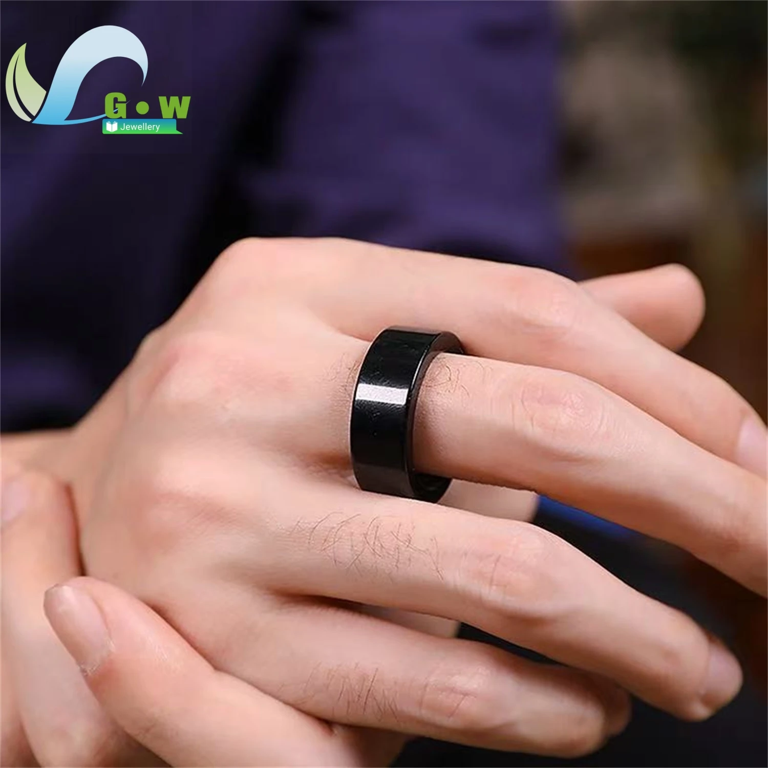 Authentic Natural Grade A Jadeite Black Nephrite Ring Couple Matching Set Unisex Solid Band Smooth Polished Finger Jewelry Gift