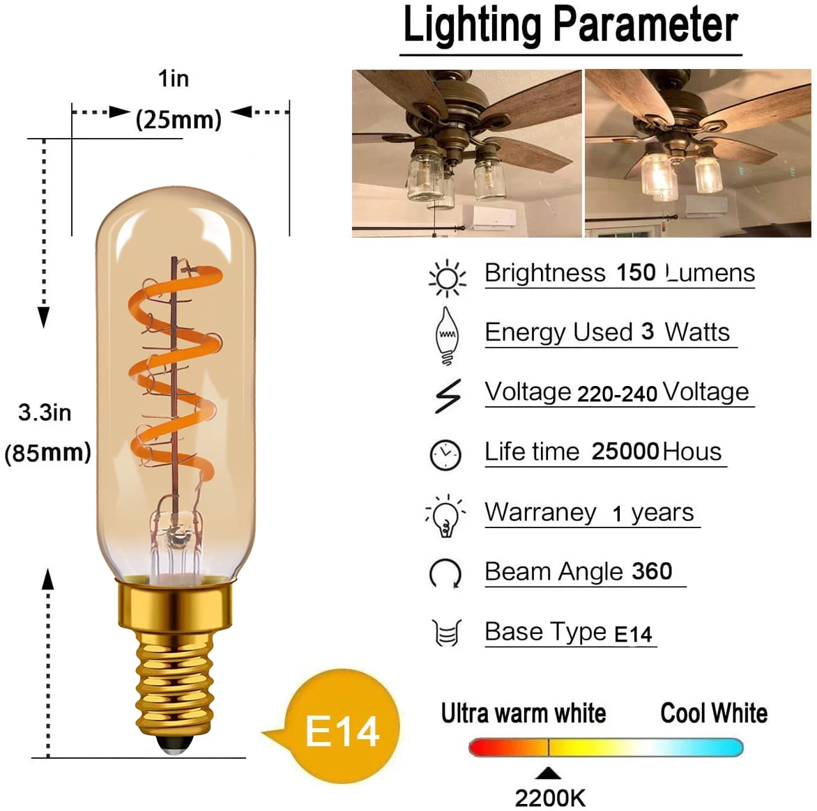 Edison Spiral Light LED Bulb E14 LED Light T25 4W Cooker Hood Filament Lamp Extractor Fan Bulb Warm White Dimmable Lighting 220V