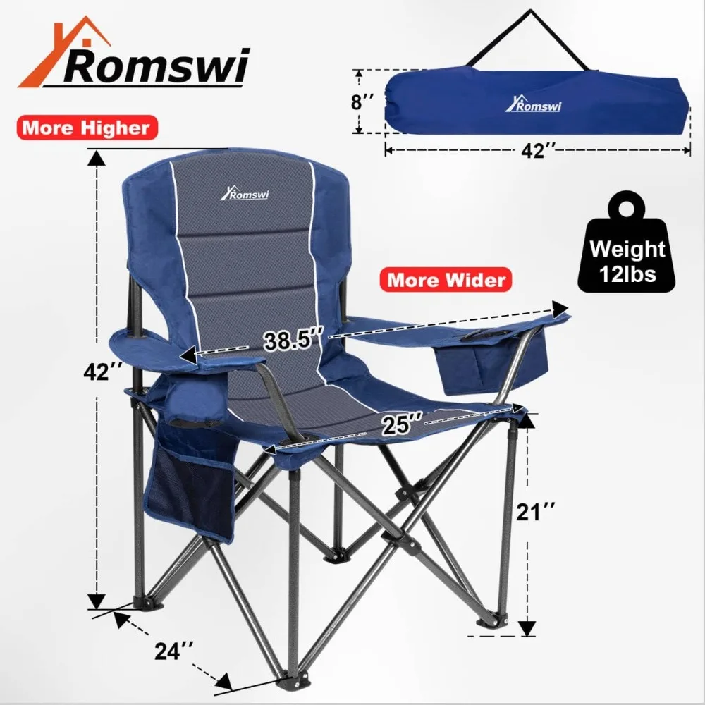 Oversized Folding Camping Chairs with Adjustable Arm Straps, 450lbs Weight Capacity, Padded Back, Cooler Bag & Side Pocket, Col