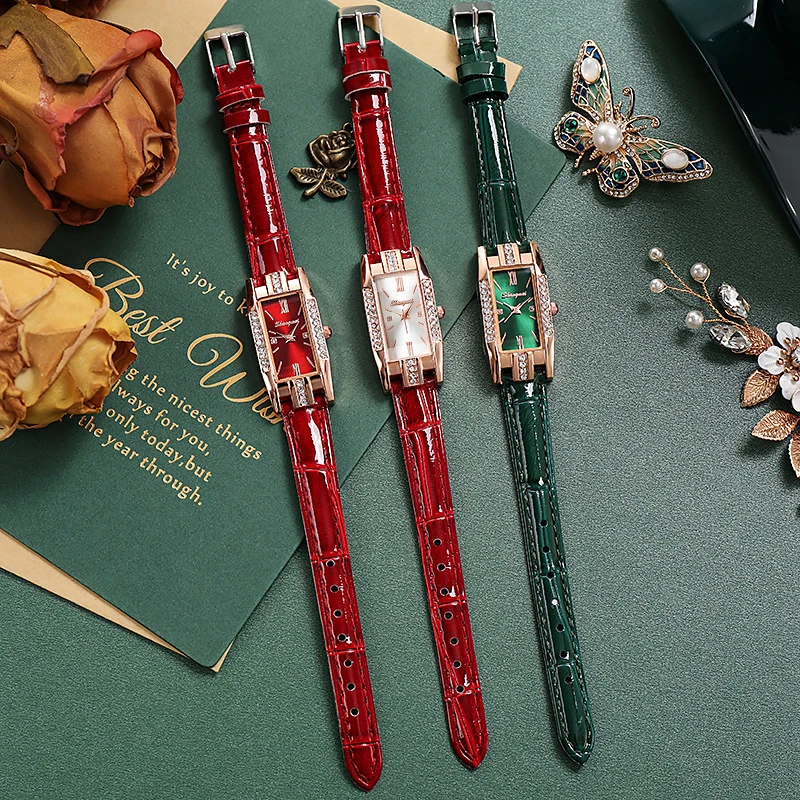 Vintage Women Watches Fashion Rhinestone Rectangle Ladies Leather Band Quartz Watch