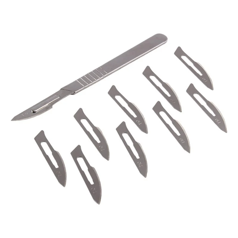 10pcs Carbon Steel Surgical Scalpel Blades Chisel PCB Dissecting Tool+1pc Handle