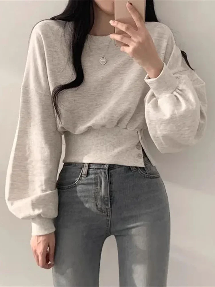 Long Sleeve Tops Women Korean Fashion Crop Sweatshirt Female Vintage Casual Buttons Up Sweatshirts Chic Hoodies Ladies E752