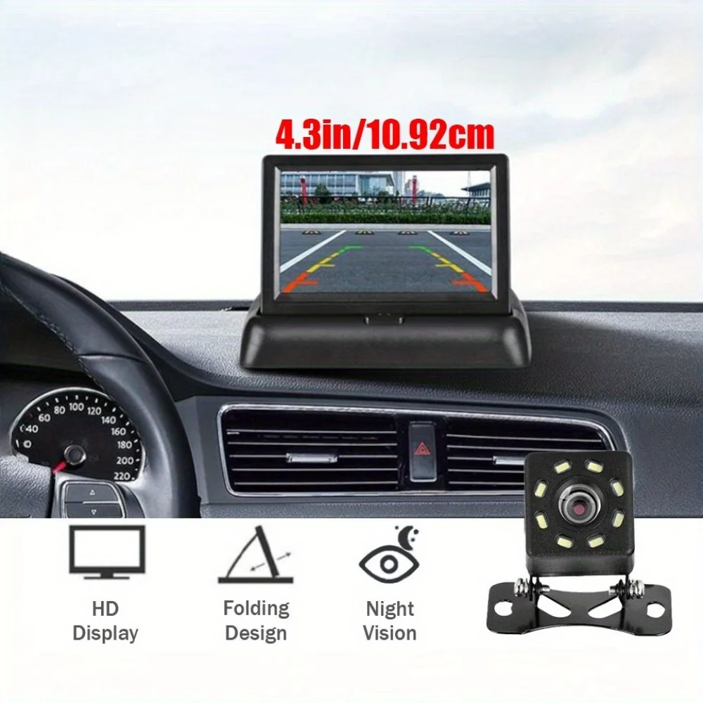 4.3-Inch Foldable HD Monitor with 8 LED Lights Reverse Camera Kit, a Complete Night Vision Rearview Camera System