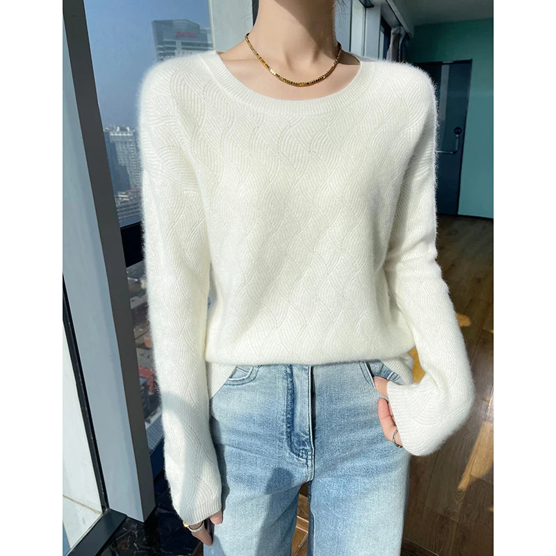 Fashion 100% Wool Ladies Winter Sweater Ladies Round Collar Long Sleeve Knitted Women Knit Pullover Women\'s Sweater