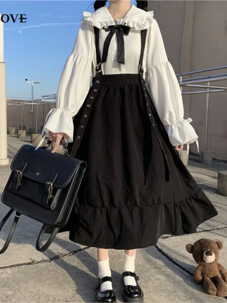 Japanese College High-Waist Show Thin Black Mid-Length Ruffled Student fairy dress tea party  sweet lolita doll lolitta dress