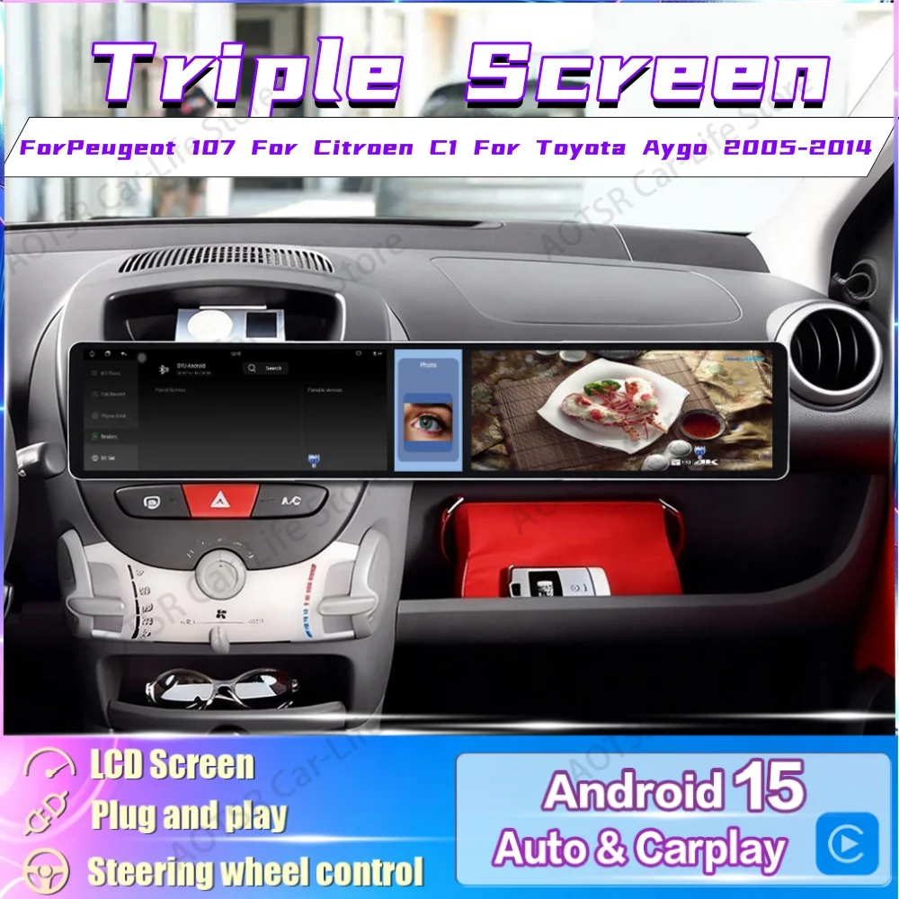 Triple Screen Android Radio For Peugeot 107 For Citroen C1 For Toyota Aygo Car Multimedia Player GPS Navigation Stereo Head Unit