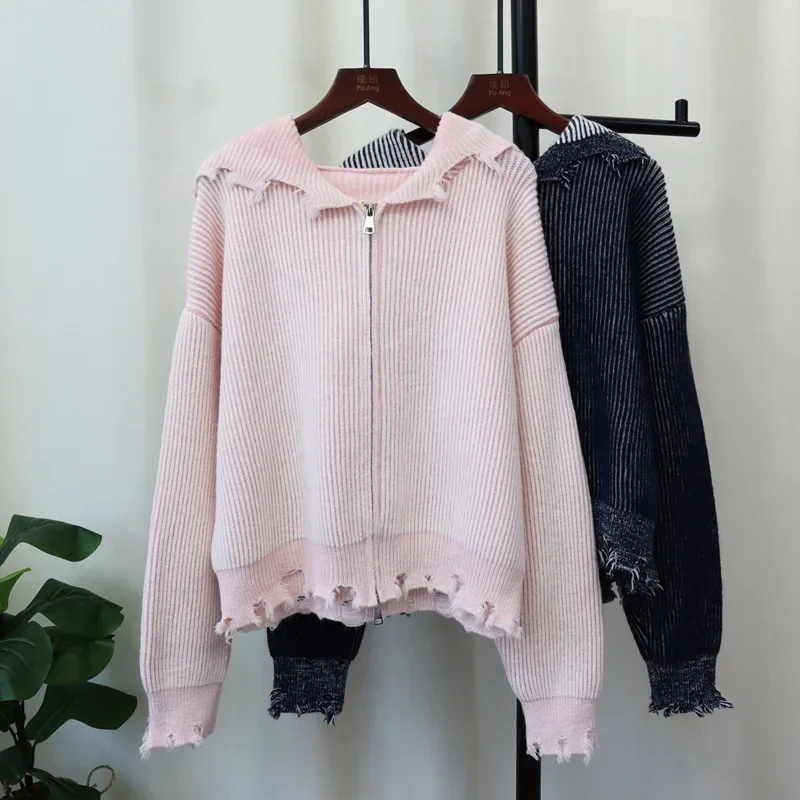 

Ripped Distressed Knit Sweater Long Sleeve Hooded Zipper Cardigan Women Jumpers Solid Outerwear Loose Casual Autumn 2024