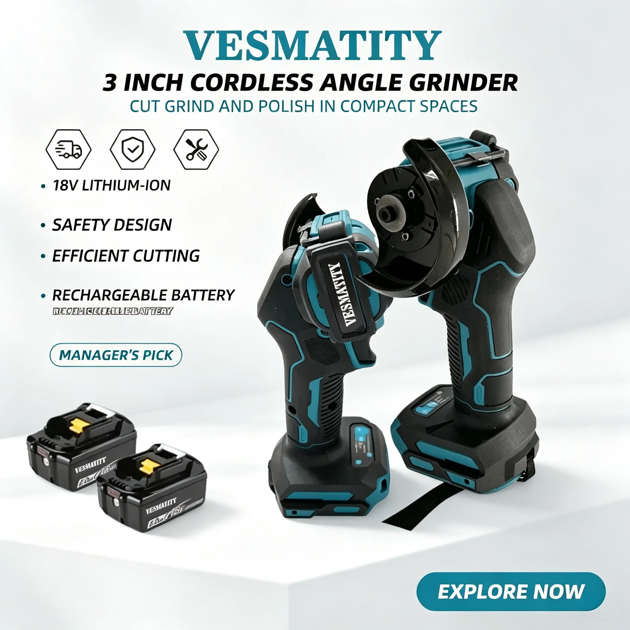 Cut Off Tool VESMATITY 3 Inch Angle Grinder 18V 20000 RPM Efficient Motor Cordless for Metal Tile for 18V-20V Battery Heavy Duty
