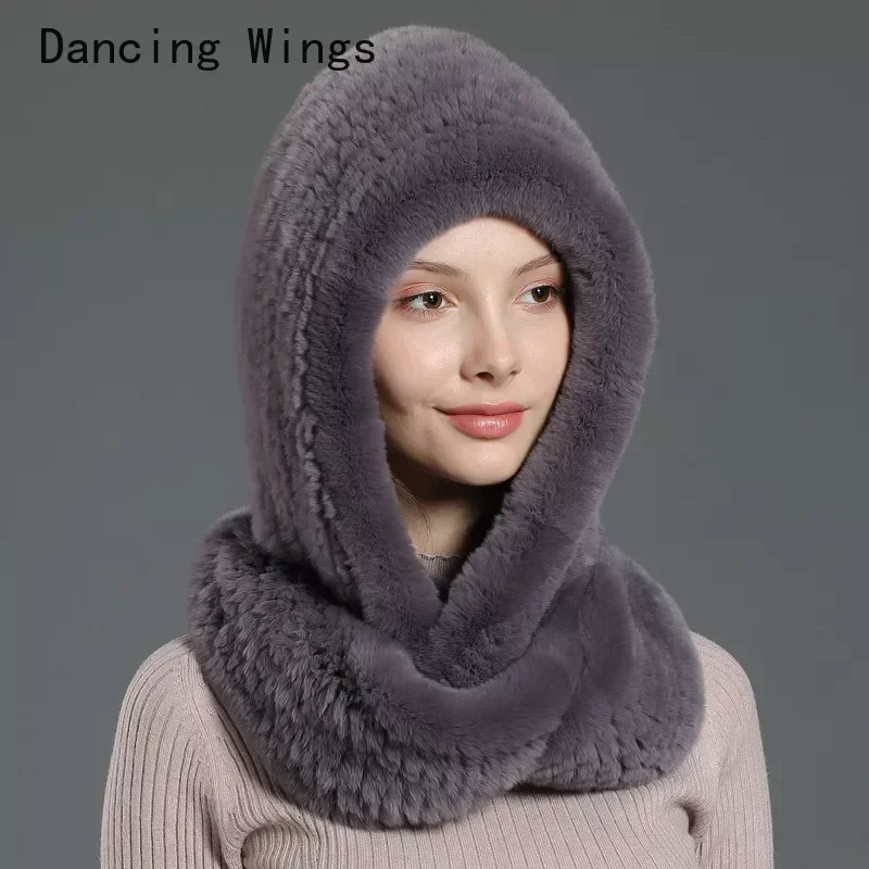 Rex Rabbit Fur Hat Hooded Scarf Winter Knitted Hats For Woman Winter Warm Fur Hat With Neck Collar Natural Fur Hat With Scarves