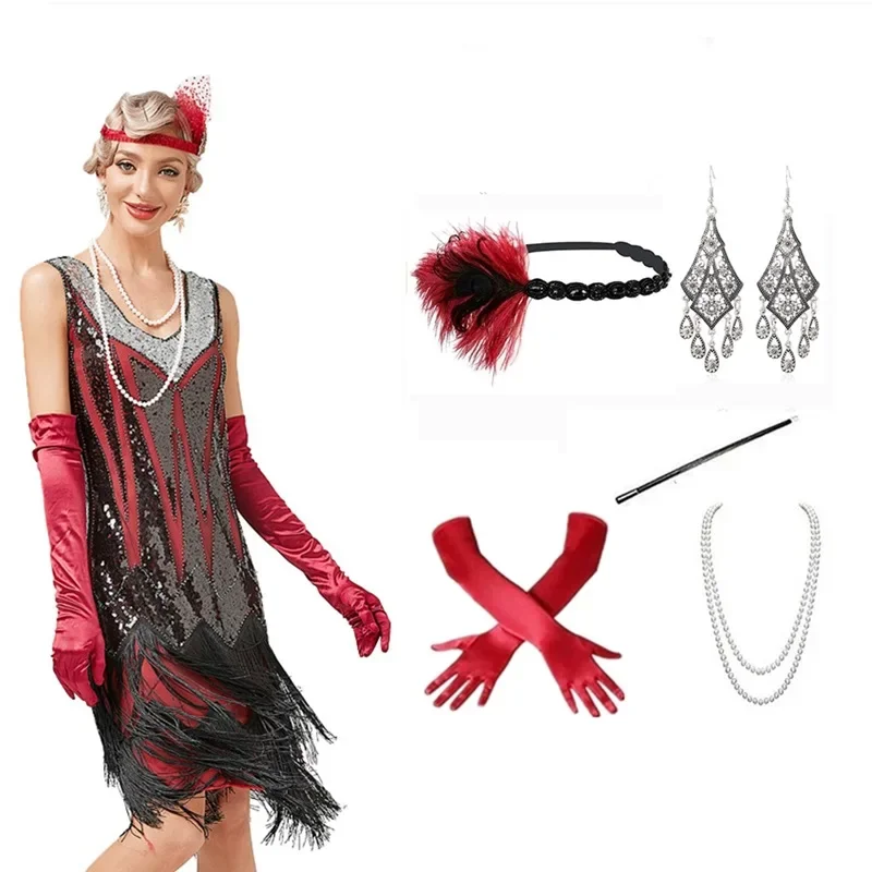 

Halloween Accessories Costumes Set Dress Women V Neck Beaded Fringed Tassels Cocktail Prom Wedding Party 1920s 30S Flapper Dress