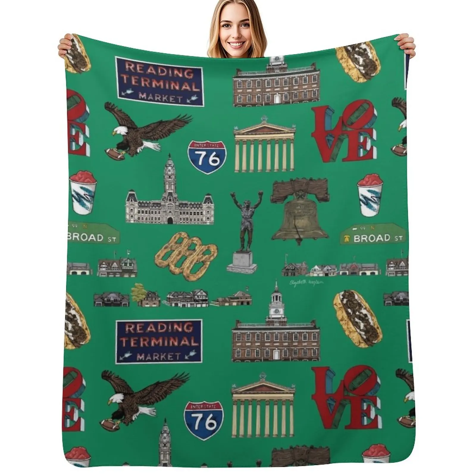 

Philly Pattern - Kelly Green Throw Blanket Lightweight Warm Blanket for Indoor Outdoor Use